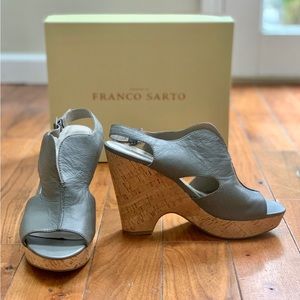 Franco Sarto gray leather and cork wedge, platform, open toe sandals, sz 9, new